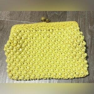 Vintage Retro Italian Made Yellow Beaded Clutch Handbag Knit Bag Raffia Clutch.